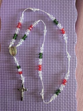 White Rosary Necklace with Red & Green White Beaded Accents